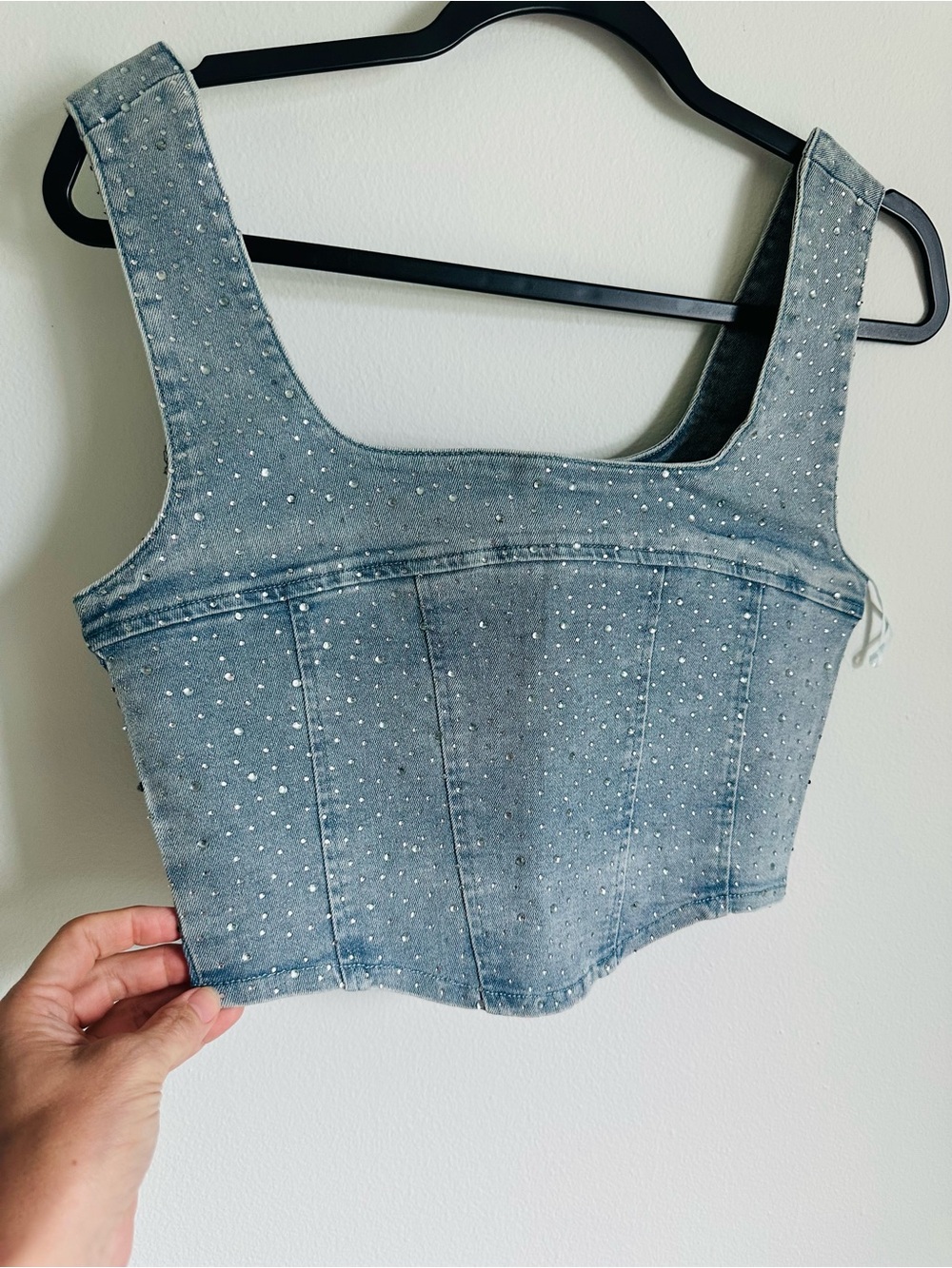 Embellished Denim Crop Tank Top - Light Blue